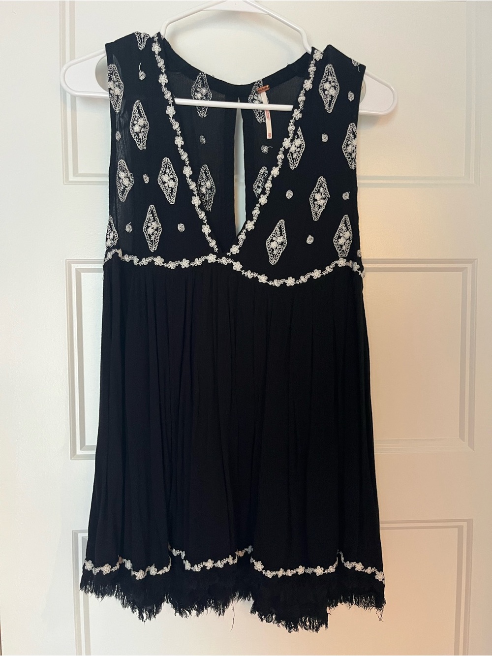 Free People Black Mini Dress with White Embroidered Trim